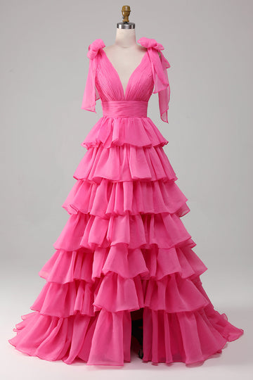 Princess A-Line V-Neck Fuchsia Ball Dress With Slit